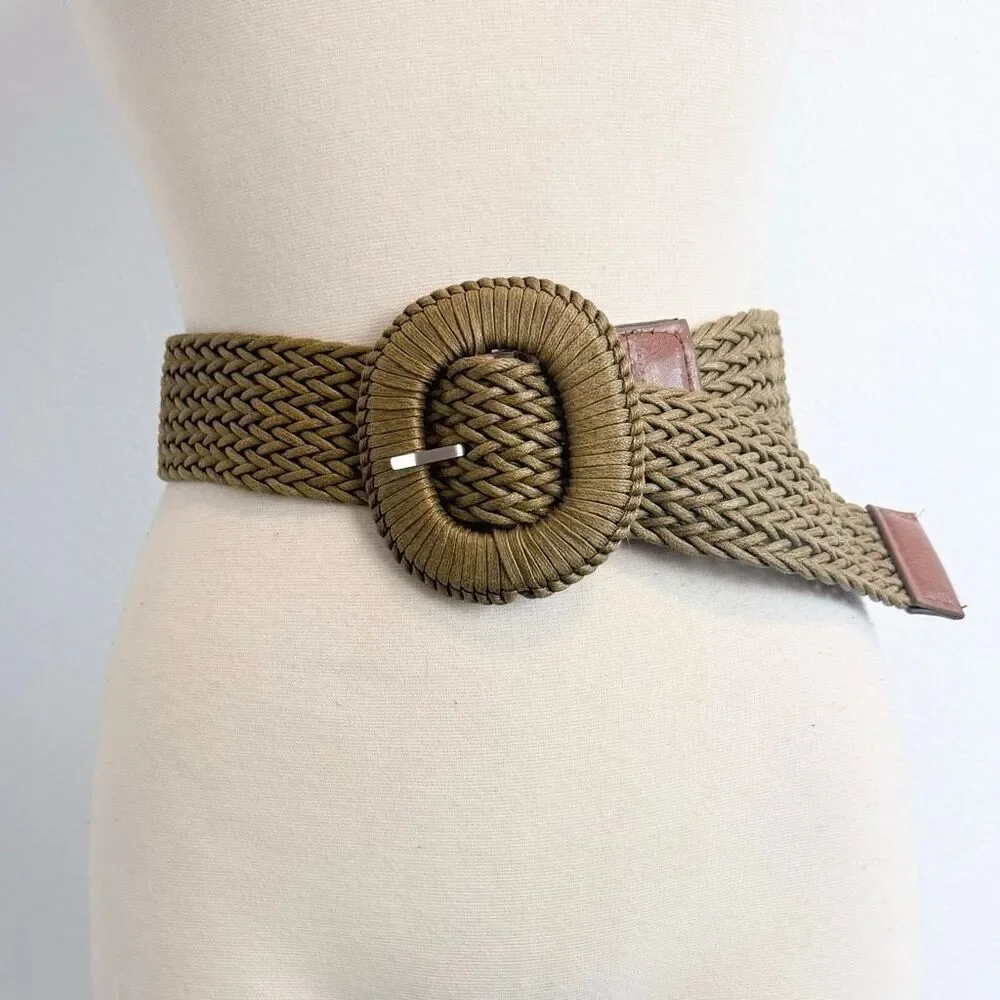 Large Buckle Olive Khaki Crochet Woven Belt Small-Medium Faux Leather